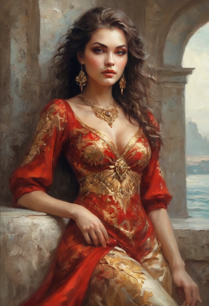 close-up of a woman in a red and gold dress, karol bak uhd, Beautiful girl, beautiful fantasy girl, the picture is beautiful, beautiful portrait in fantasy style, beautiful drawing of the characters, very beautiful face, very beautiful portrait, renaissance digital painting, gorgeous woman, beautiful digital images, traditional beauty, Very beautiful woman, Beautiful digital painting, очень Beautiful girl