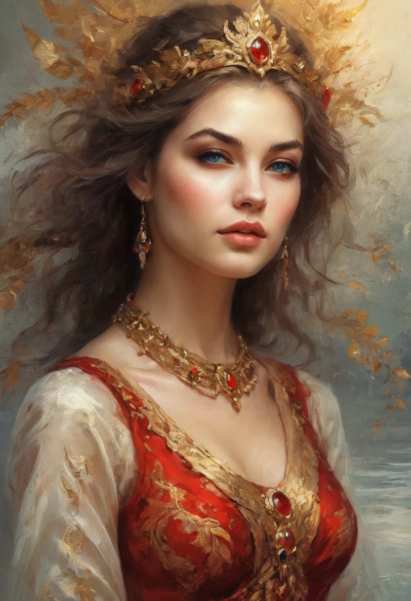 close-up of a woman in a red and gold dress, karol bak uhd, Beautiful girl, beautiful fantasy girl, the picture is beautiful, beautiful portrait in fantasy style, beautiful drawing of the characters, very beautiful face, very beautiful portrait, renaissance digital painting, gorgeous woman, beautiful digital images, traditional beauty, Very beautiful woman, Beautiful digital painting, очень Beautiful girl