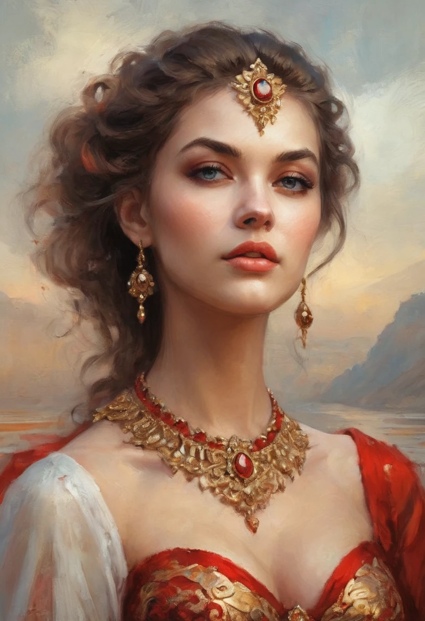 close-up of a woman in a red and gold dress, karol bak uhd, Beautiful girl, beautiful fantasy girl, the picture is beautiful, beautiful portrait in fantasy style, beautiful drawing of the characters, very beautiful face, very beautiful portrait, renaissance digital painting, gorgeous woman, beautiful digital images, traditional beauty, Very beautiful woman, Beautiful digital painting, очень Beautiful girl
