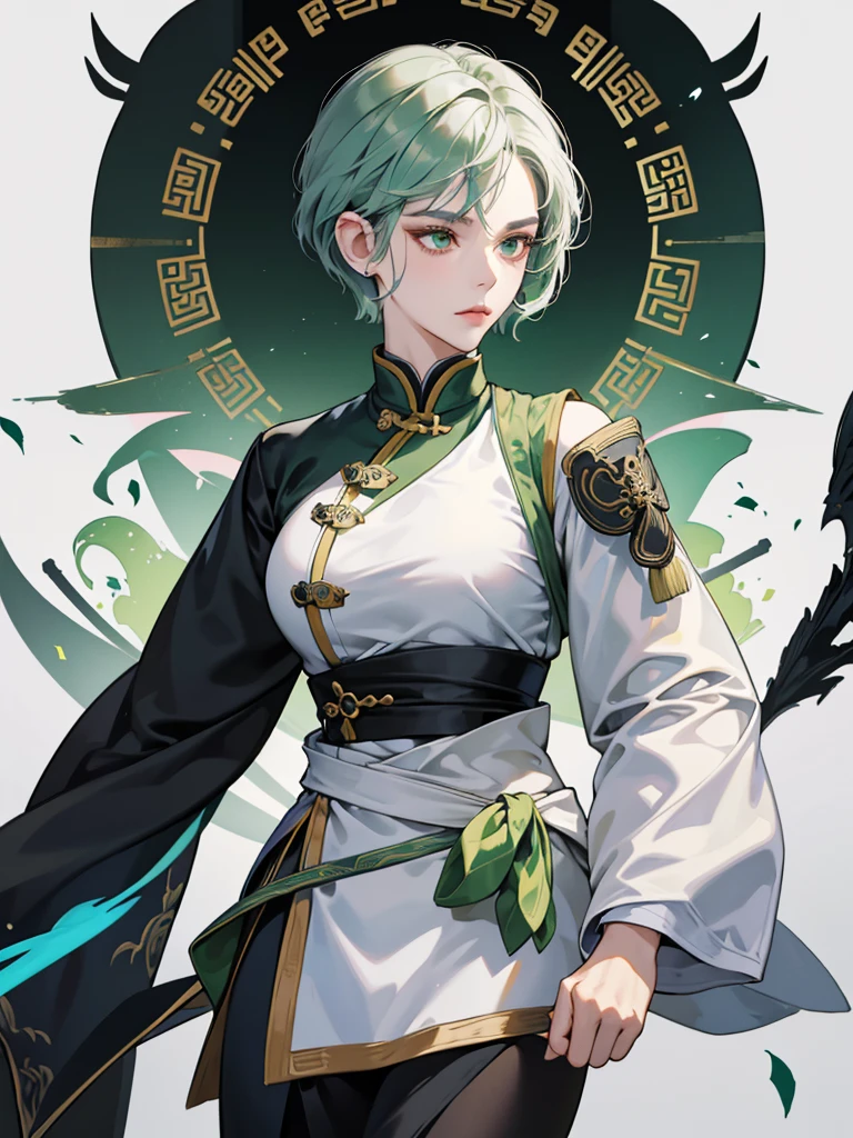 Masterpiece, Best quality, 1 Female, Mature Woman, Elder Sister, Royal Sister, Cold Face, strong, green eyes, wolfcut short hair, smoky color hair, resolute eyes, simple white Taoist Taoist uniform, black accessories, sarashi, one shoulderancient, Chinese mix morden, blank background, remove background