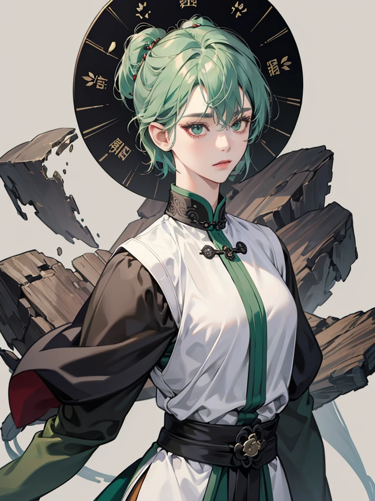 Masterpiece, Best quality, 1 Female, Mature Woman, Elder Sister, Royal Sister, Cold Face, strong, green eyes, wolfcut short hair, smoky color hair, resolute eyes, simple white Taoist Taoist uniform, black accessories, sarashi, one shoulderancient, Chinese mix morden, blank background, remove background