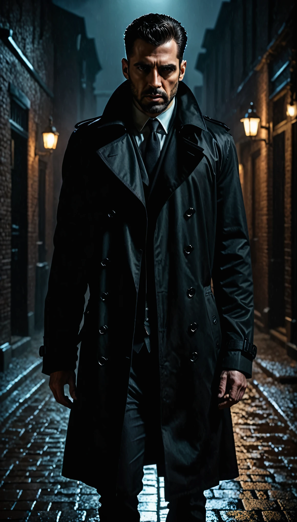 a man in a black trench coat, horror, dark atmosphere, moody lighting, dramatic shadows, cinematic composition, intense gaze, mysterious expression, ominous presence, unsettling ambiance, atmospheric, detailed facial features, realistic skin textures, high level of detail, 8k, cinematic lighting, photorealistic, masterpiece