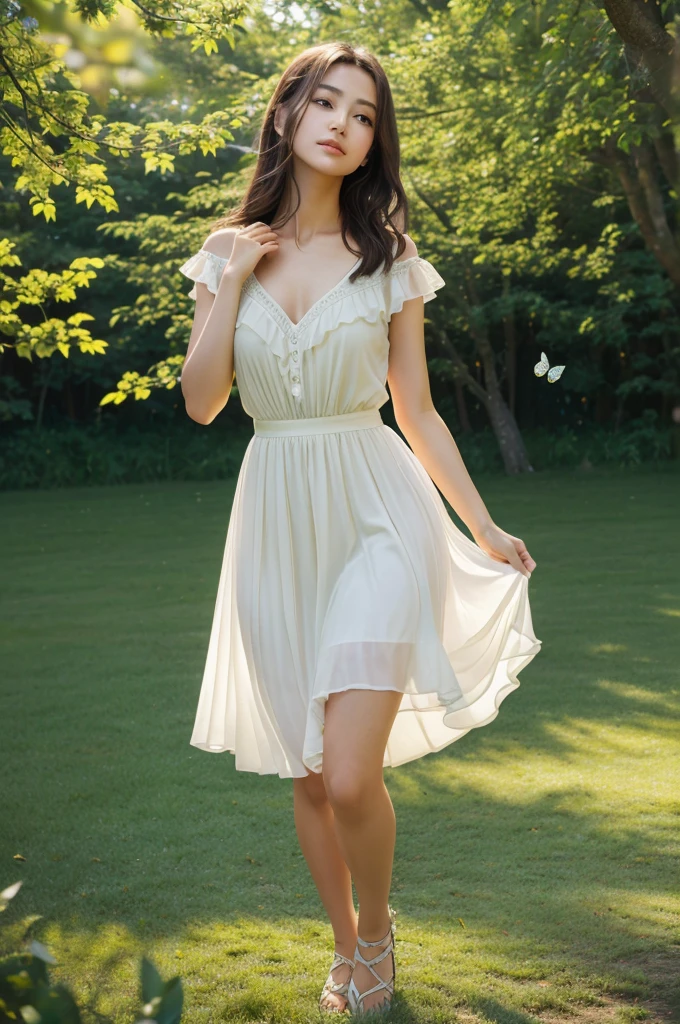 ，masterpiece, best quality，8K, ultra highres，Reallightandshadow，Cinema lenses，(beautidful eyes:1.1)， ((The scene is，The upper part of the body))，dynamicposes，On a green meadow，A gentle goddess came with a gentle step。She wore a white dress，A gentle breeze blows，The skirt dances lightly。The sun shines through the leaves on her hair，Reflecting her clear eyes and gentle smile。Colorful butterflies flew around her，Flowers bloomed at her feet，It was as if nature was cheering for her。