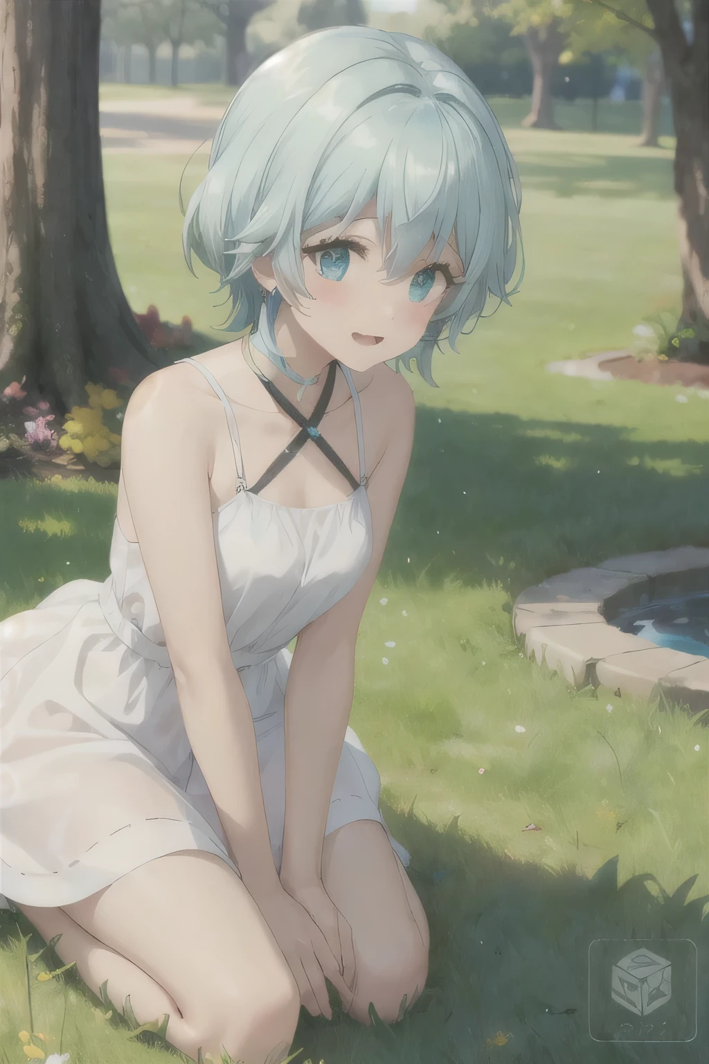 Park meadow,White Dress,A good girl,Kneel on the lawn,Acting cute,Blue Hair,Slender thighs,Girly figure,Starry Sky,Look to the Starry Sky,Hands on the ground