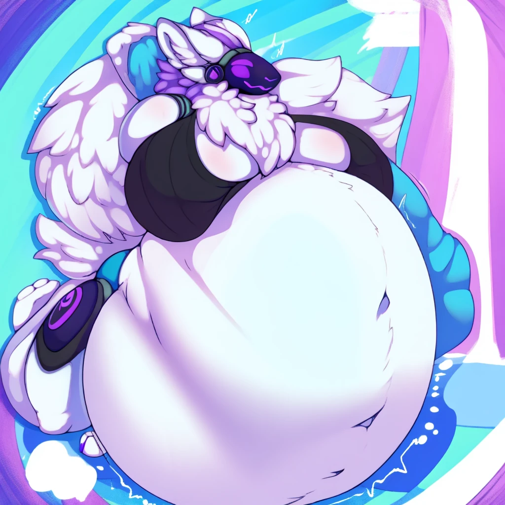 muscular Female Protogen wearing gym clothing, has white fur, has blue mechnical parts, has purple eyes, fat, overweight, massive belly, vore, huge stomach, no bra, huge boobs, big breasts, gigantic stuffed stomach