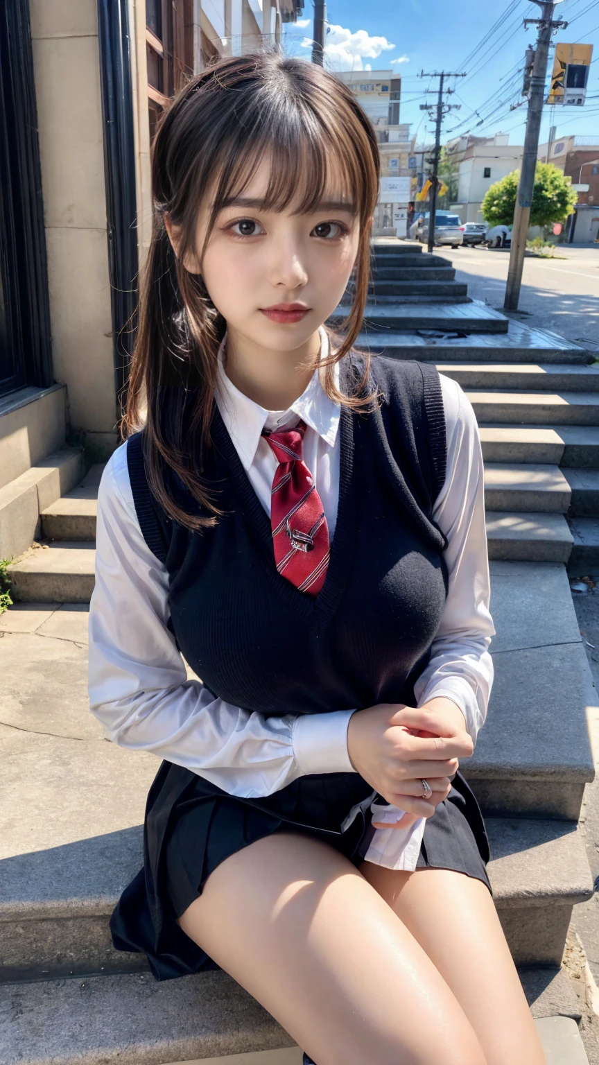 (8K, RAW Photos, Highest quality, masterpiece:1.2), masterpiece, super detailed, super high quality, (Realistic and photorealistic photography:1. 37), High-resolution RAW color photos, Very delicate and beautiful, highly detailed, 8k wallpaper, wonderful, detailed, Very eye, very detailed, very detailed skin, very thin fingers, very detailed nose, very detailed mouth, Perfect Anatomy, BREAK,18 year old girl, ponytail,  huge breasts, colossal tits, very huge round breasts, beauty legs, (Spread your legs:1.2), (Open your legs:1.2), Hands between legs, (perfect body shape:1.1), Big Natural Color Lip, cute type, lolita, (Details High quality, realistic depiction of eyes:1.3), Beautiful makeup, glitter makeup, BREAK, skirt, socks, black socks, pleated skirt, kneehighs, white shirt, blue necktie, long sleeves, vest, collared shirt, BREAK, (sitting on a step:1.2),  bold sexy pose