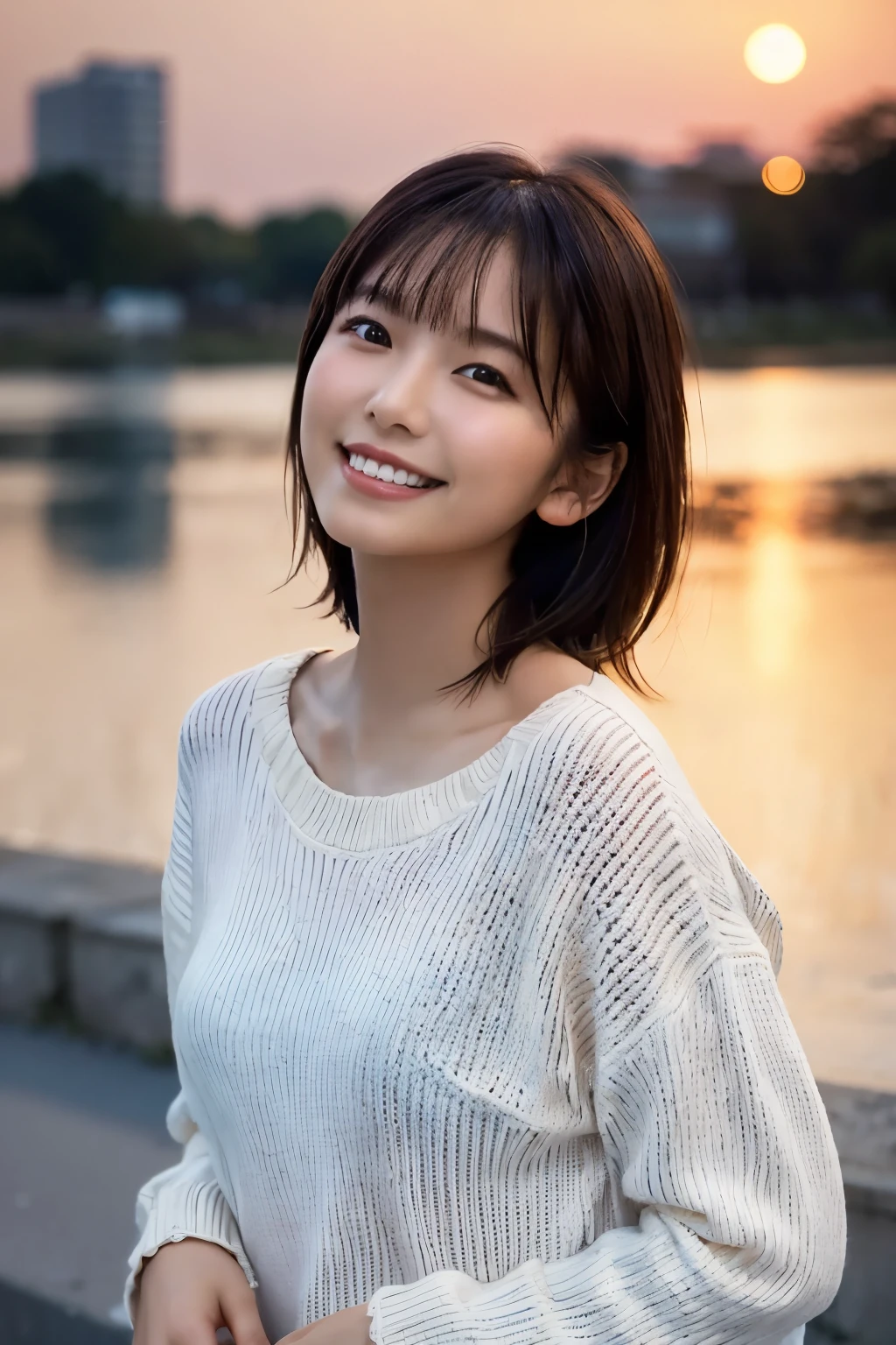 1 Girl, (Wearing a white summer sweater:1.2), Very beautiful Japanese idol portraits, 
(RAW Photos, Highest quality), (Realistic, Realistic:1.4), (masterpiece), 
Very delicate and beautiful, Very detailed, 2k wallpaper, wonderful, finely, Very detailed CG Unity 8K 壁紙, Very detailed, High resolution, Soft Light, 
Beautiful detailed girl, Very detailed目と顔, Beautiful and sophisticated nose, finelyて美しい目, Cinema Lighting, 
(Fashion magazine photography:1.3), (Outdoor), (Looking up at the sunset sky),
(short hair), 
Complete Anatomy, Slender body, Small breasts, smile