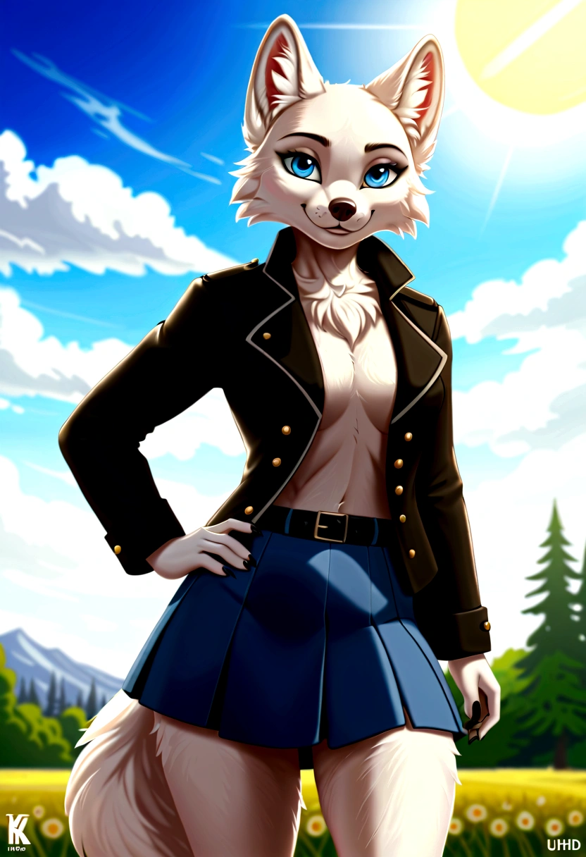 Hairy Women, arctic fox, mammal, A beautiful furry fox girl is standing in a park posing against, She looks at the audience and smiles, She wears a black trench coat, Short skirt, looking off to the side, Field of view, sky空, sky, Beautiful blue eyes, Award-winning illustrations|Popular on ArtStation, masterpiece|highly detailed|best quality|HD|8K|uHD|intricate details|extreme_detail
