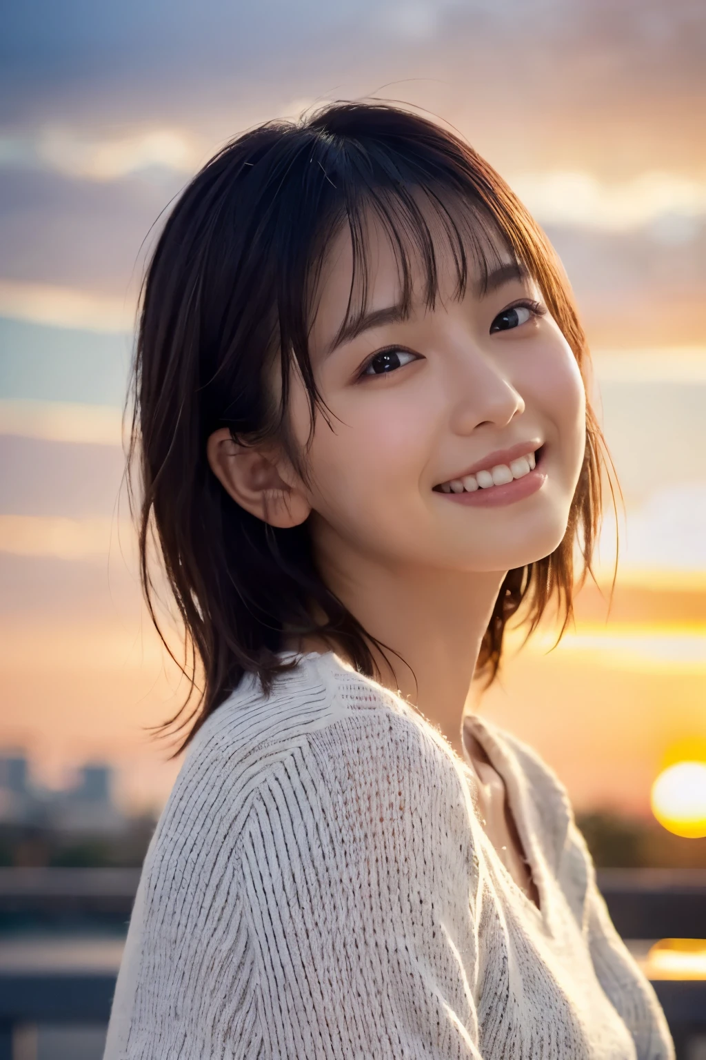 1 Girl, (Wearing a white summer sweater:1.2), Very beautiful Japanese idol portraits, 
(RAW Photos, Highest quality), (Realistic, Realistic:1.4), (masterpiece), 
Very delicate and beautiful, Very detailed, 2k wallpaper, wonderful, finely, Very detailed CG Unity 8K 壁紙, Very detailed, High resolution, Soft Light, 
Beautiful detailed girl, Very detailed目と顔, Beautiful and sophisticated nose, finelyて美しい目, Cinema Lighting, 
(Fashion magazine photography:1.3), (Outdoor), (Looking up at the sunset sky),
(short hair), 
Complete Anatomy, Slender body, Small breasts, smile