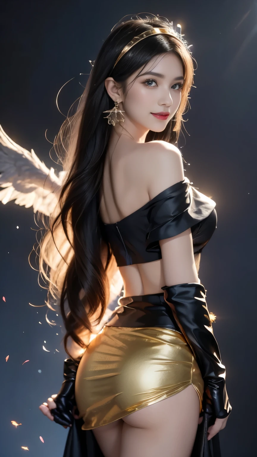 Jobria, Angel Wings, Beautiful woman, (Reality), Backlight, black background, black skirt, black Gloves, Black Hair, Smile, Cowboy shooting, skirt, earrings, Flowing hair, Gloves, gold earrings, gold Headband, Flowering, Hair accessories, ((Headband)), Jewelry, Light Particles, Long hair, Viewer, off-the-shoulder skirt, Off-shoulder, petal, Side Rock, Solitary, spike, Very beautiful dress, Double-sided fabric, ((masterpiece))  