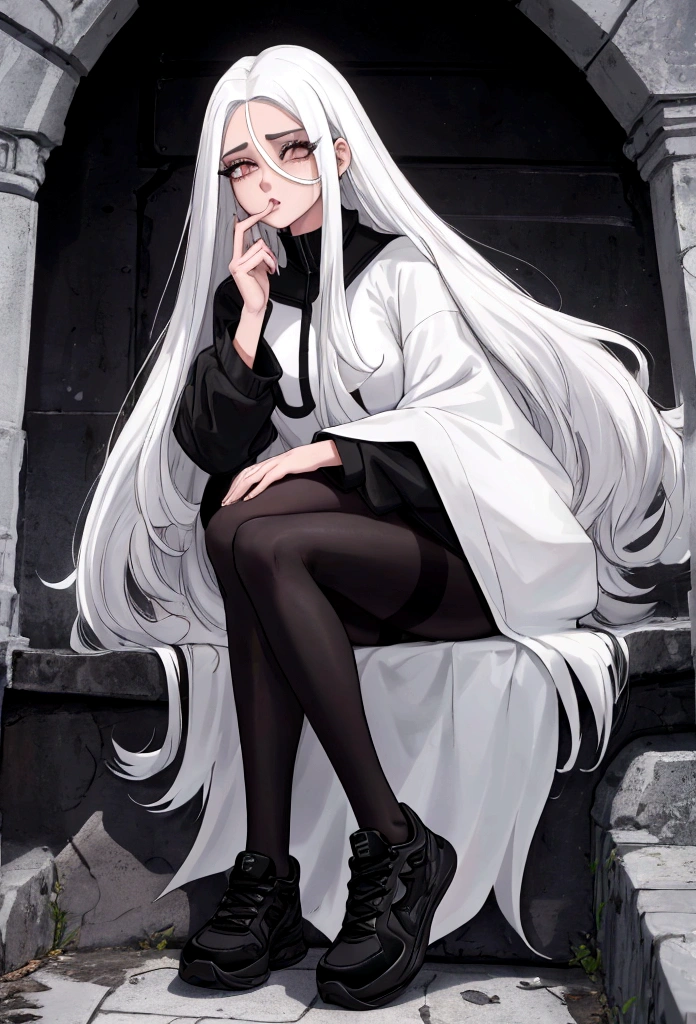 Age 22, white skin girl, almost speaks, Bblack hair, extremely long hair, Cramped, black pantyhose, black sneakers, Bblack hair, hair between the eyes, White hair, cloused mouth, range, cabelo bagunçado saia formal Bblack hair grande extremely long hair olhos cinzas olhos cinzas olhos cinzas