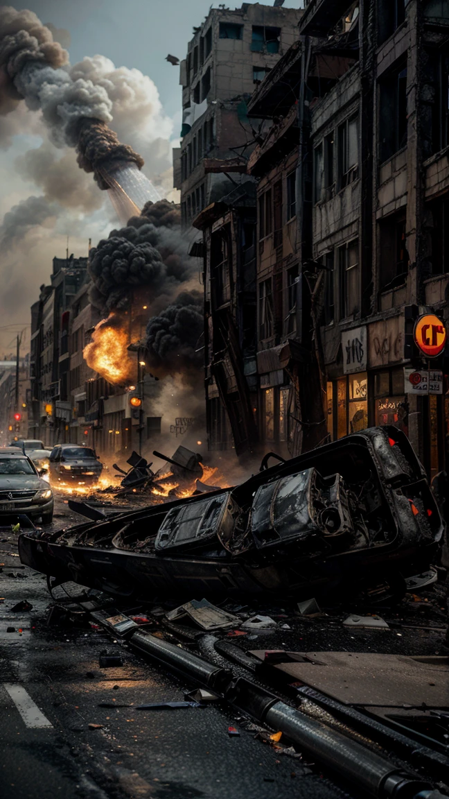 Main street of an apocalyptic city, burned out buildings, downed traffic signs, cars overturned and burned, paper and flying debris