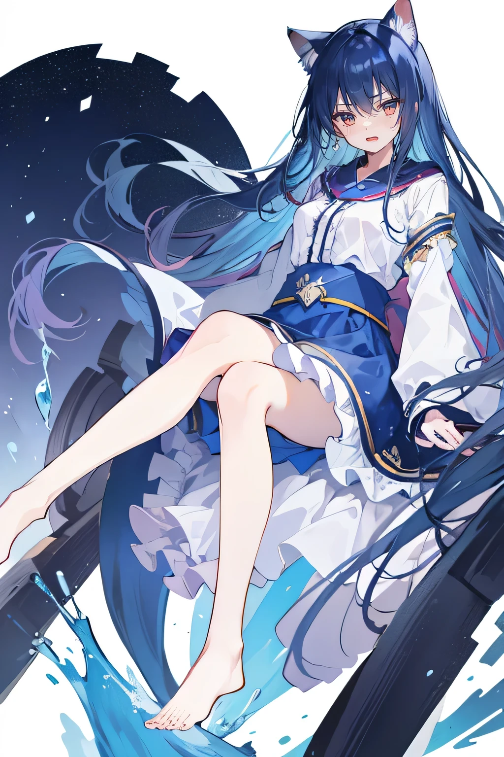 （masterpiece：1.2），Super detailed，lifelike，Expressive eyes，fair skin，perfect face shape，1 girl，
Japanese comics,Gorgeous blue hair,flowing blue hair,flowing clothes,Cat ears,Petals fall,beautiful lola,Baby Angel,sunrise,
Shaking head with one hand，Cross your legs，Gentle and peaceful background，The pavilion is cool and comfortable,smile, wearing hoodie, background of tokyo,back views,snowing, winter，seaside，wet clothes，A smile，A faint smile，。dark blue gradient hair,asymmetrical hair,（（Hair is very thick 1.8，Chiseled hair 1.6））， Hair over the shoulders, Messy hair, Very long hair, shiny hair，(long dark blue hair:1.2),A beautiful girl，（Transparent clothes transparent 1.8），Perfect body，Big thin legs，slender，(Looks very sad，Looks haggard ，sadness，shut your mouth：1.2） Against the backdrop of an unusually bright dark starry sky，（Put your hands behind your back），（round,Room, Strong breasts），barefoot，float，water surface，（long legs，long legs，long legs，Complete）