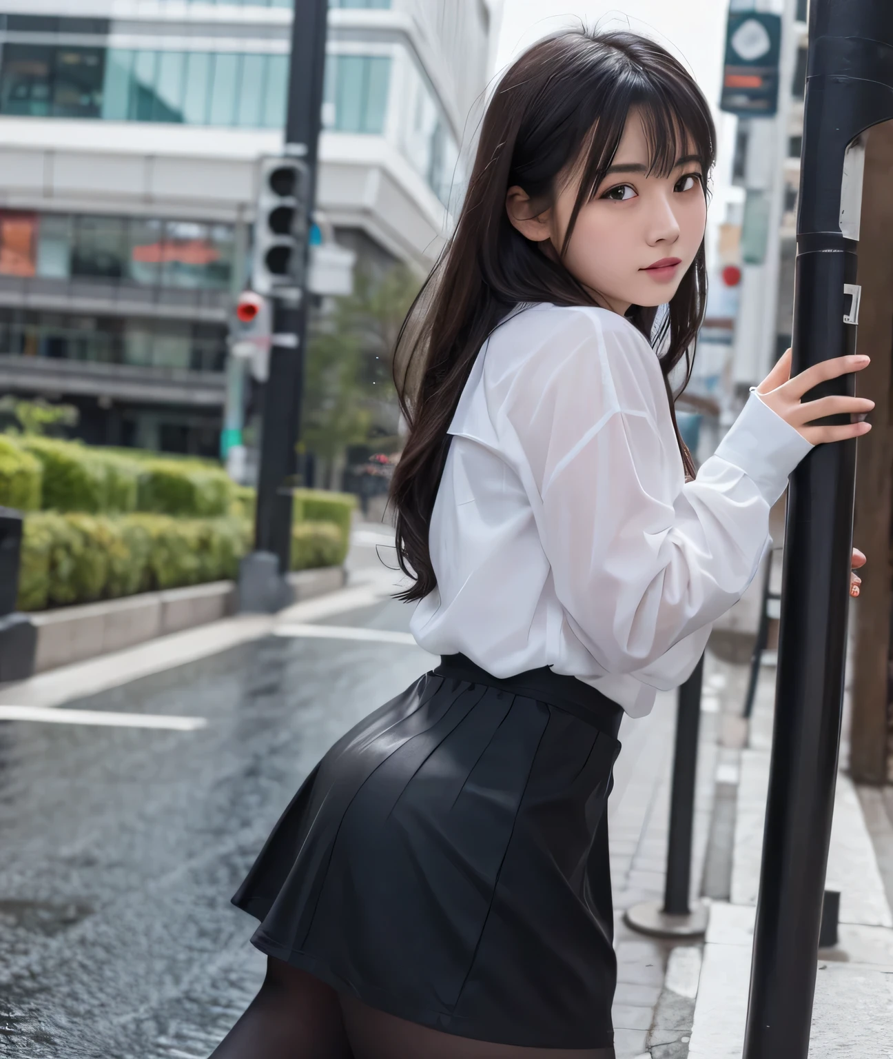 18 year old girl black pantyhose blush rainy day gray hair JK skirt