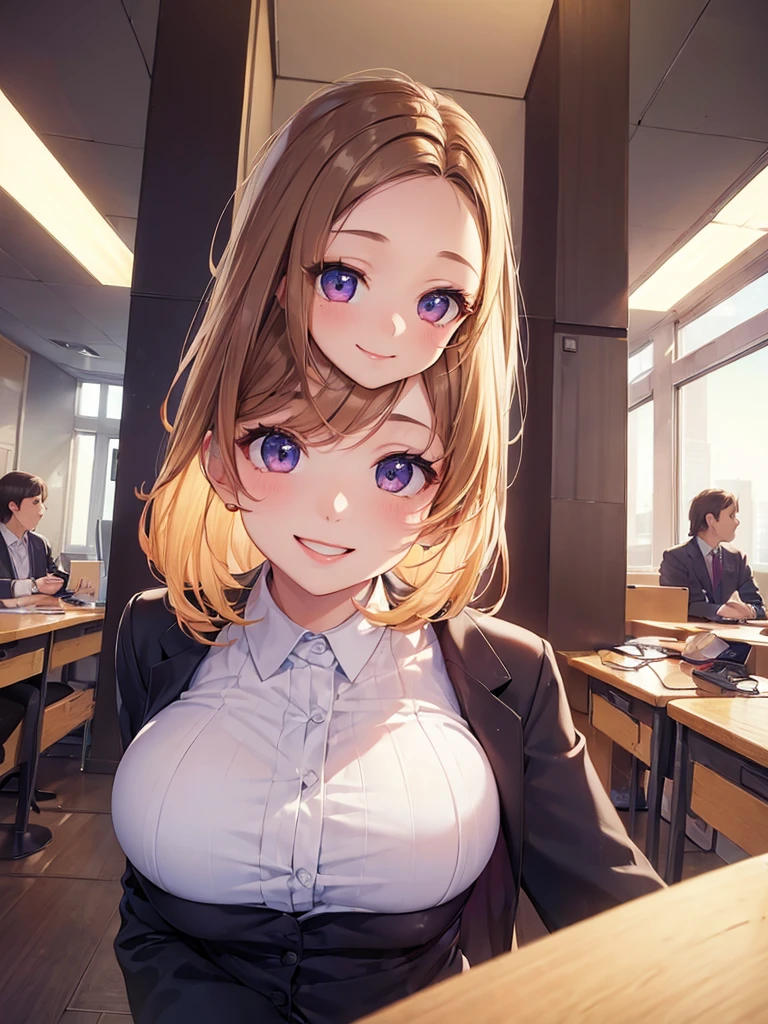 (masterpiece:1.5),(Beat quality),(high res),1girl solo,beautiful face,smile(shining eyes),upper body,light effects,Office Lady,lunch