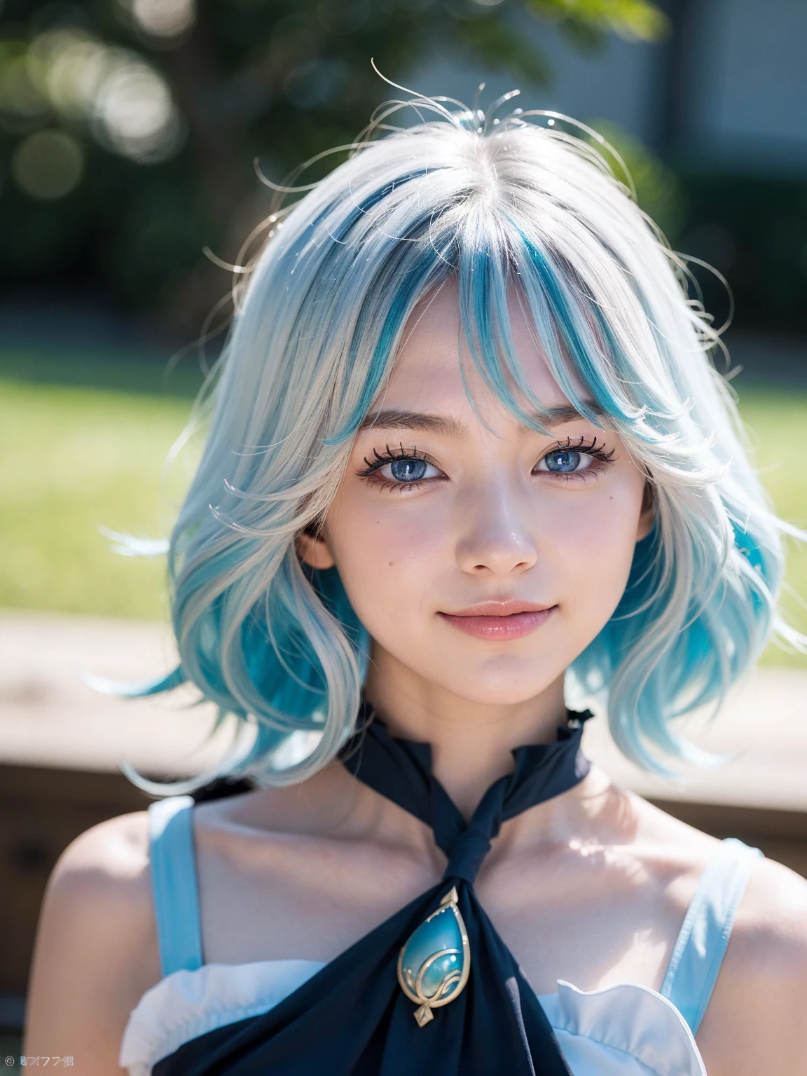 Furina from Genshin Impact, 18 years old girl, (Raw photo, Best Quality), (Realistic, Photorealsitic:1.3), masterpiece, Extremely delicate and beautiful, Soft light, (beautiful white and blue hair, Shoulder-length straight hair swaying in the wind), Beautiful detailed girl, (Detailed fingers), extremely detailed eye and face, beautiful detailed nose, Beautiful detailed eyes, 1 girl, Japanese, Neat and clean beauty, Cute, young, (big breasts), Realistic face, Realistic body, cute smile