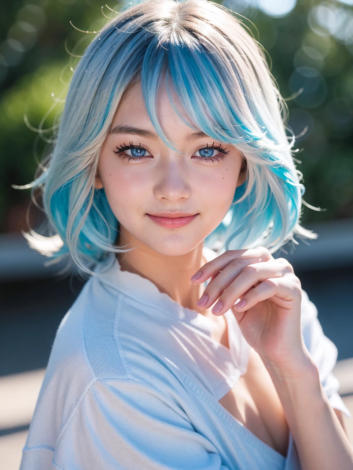 Furina from Genshin Impact, 18 years old girl, (Raw photo, Best Quality), (Realistic, Photorealsitic:1.3), masterpiece, Extremely delicate and beautiful, Soft light, (beautiful white and blue hair, Shoulder-length straight hair swaying in the wind), Beautiful detailed girl, (Detailed fingers), extremely detailed eye and face, beautiful detailed nose, Beautiful detailed eyes, 1 girl, Japanese, Neat and clean beauty, Cute, young, (big breasts), Realistic face, Realistic body, cute smile