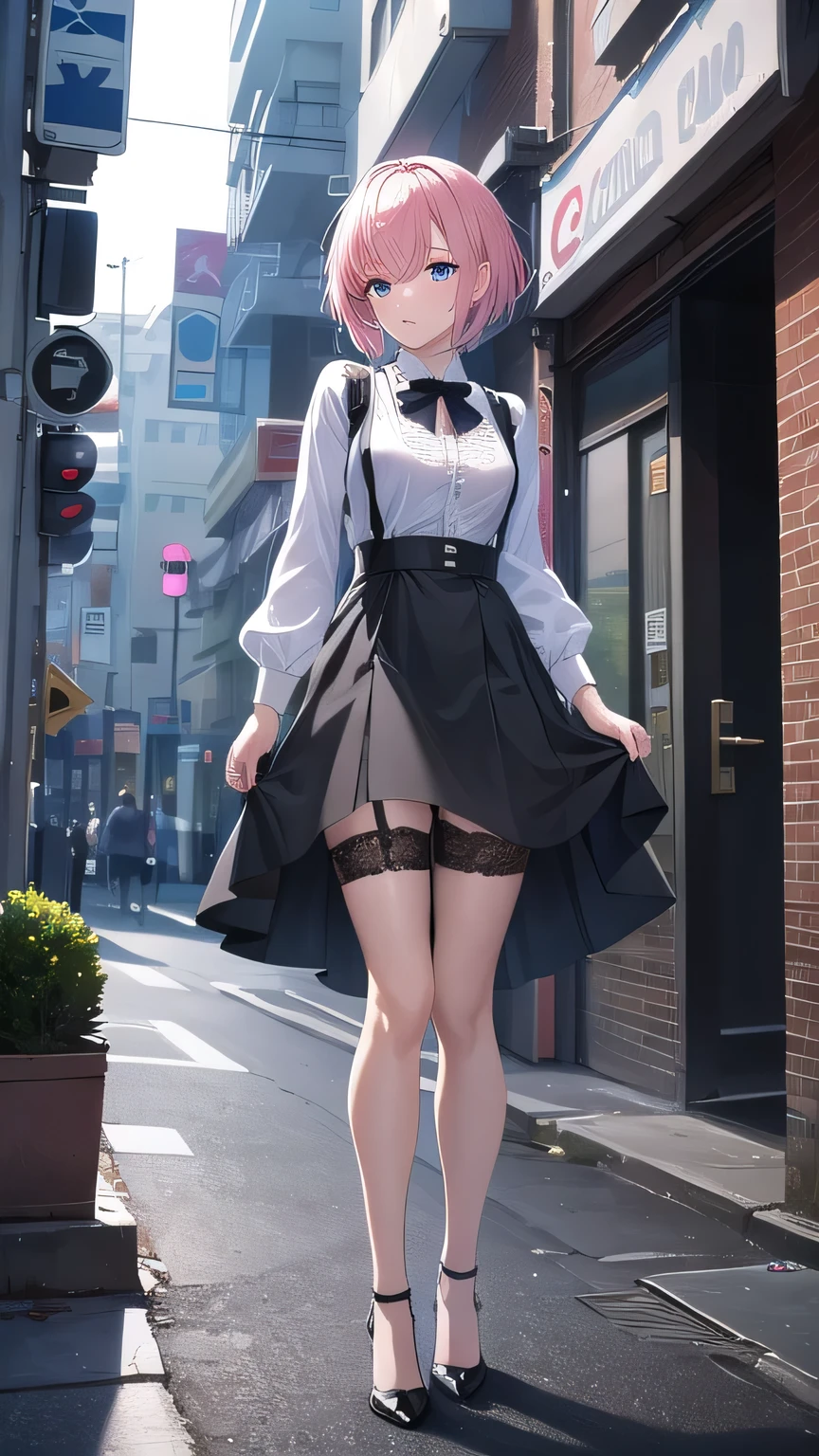 Masterpiece, top quality, best quality, official art, beautiful and aesthetic, anime, 1girl,extremely detailed, colorful, more detailed ((ultra-detailed)), (highly detailed CG illustration),Best Quality, High resolution, Unity 8k Wallpaper, (Illustration:0.8), (Beautiful detailed eyes:1.6), extra detailed face, Perfect Lighting, extremely details CG, (Perfect hands, Perfect Anatomy),street,shops,evening,neonlight,short pink hair, buttons, blue eyes,white shirt,wet shirt,lace bra,lace panties, black skirt, high-waist skirt, black stockings, stocking suspenders, heels, from below, in middle of street, full body shot,from behind, bend over, 