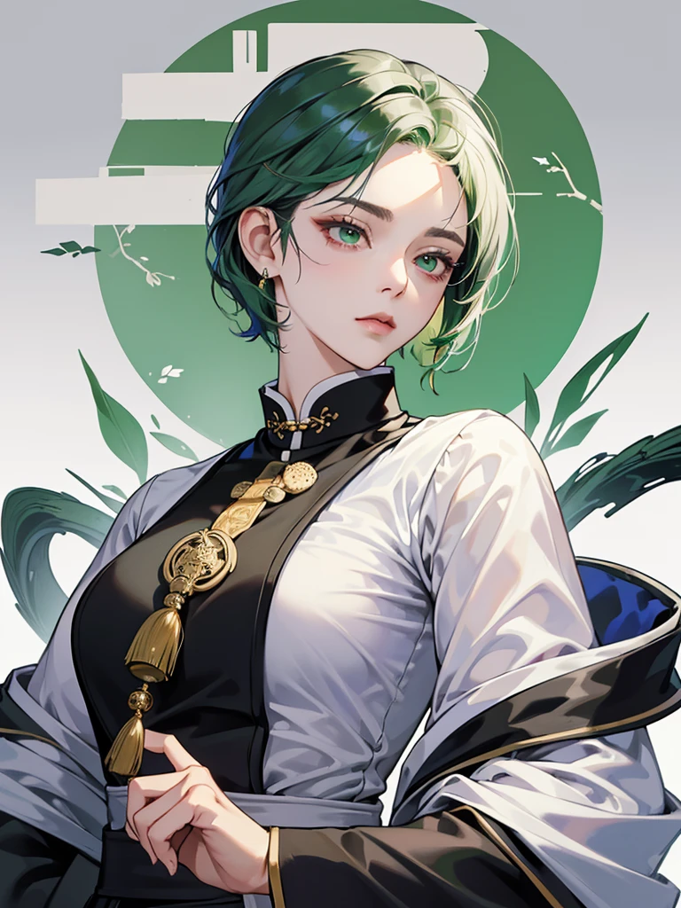 Masterpiece, Best quality, 1 Female, Mature Woman, Elder Sister, Royal Sister, Cold Face, strong, green eyes, short hair, smoky color hair, resolute eyes, simple white Taoist Taoist uniform, black accessories, sarashi, one shoulderancient, Chinese mix morden, blank background, background