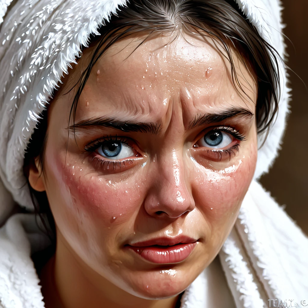 a close up of a woman with a teary face and a towel on her head, highly realistic digital art, ultra realistic digital painting, extremely detailed woman, woman crying, ultra realistic digital art, hyperrealistic digital painting, very realistic digital art, realistic digital painting, hyperrealistic digital art, ultrarealistic digital art, hyper realistic digital painting, realistic digital art