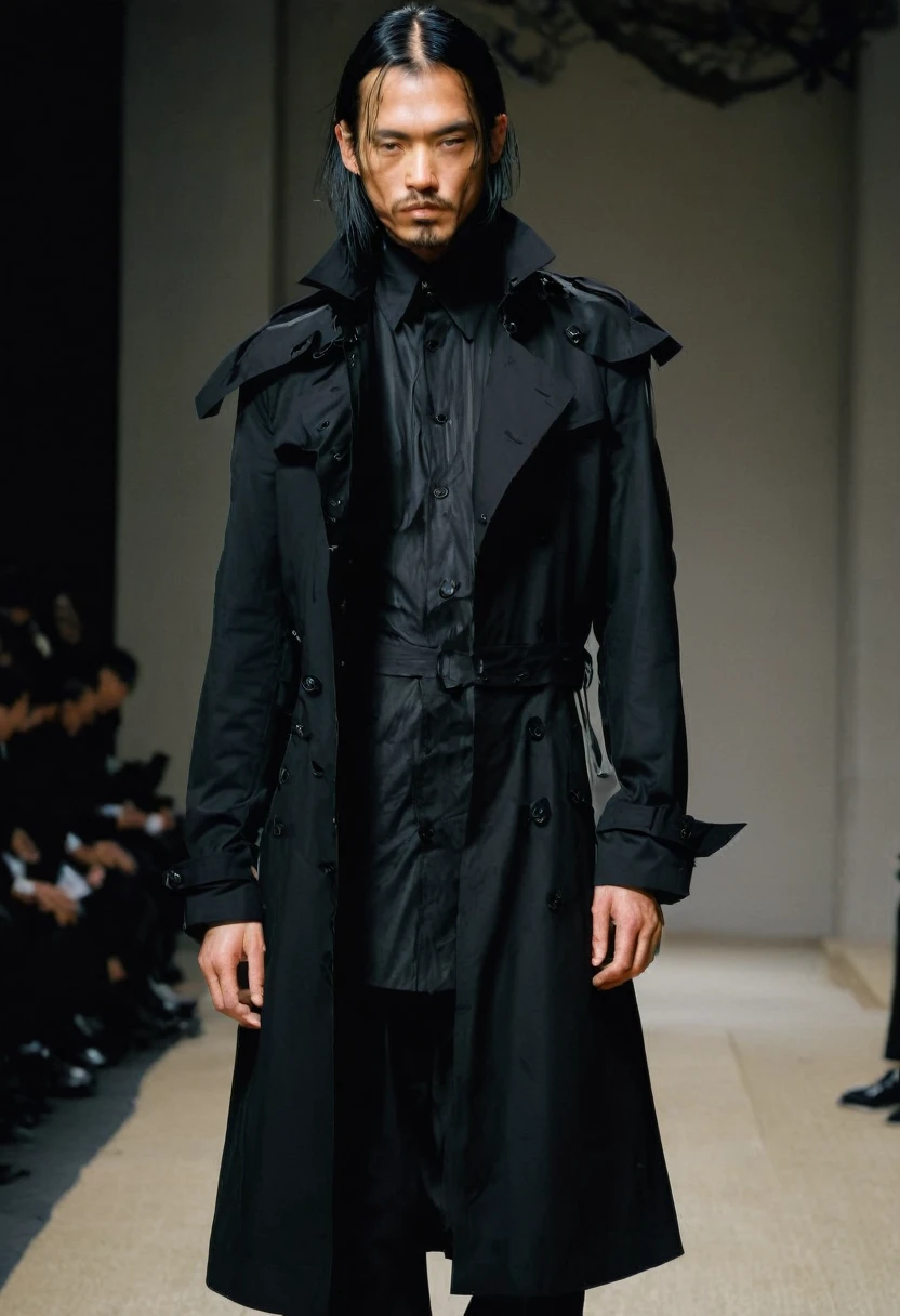 Black Trench Coat, by Yohji Yamamoto, best quality, masterpiece, very aesthetic, perfect composition, intricate details, ultra-detailed