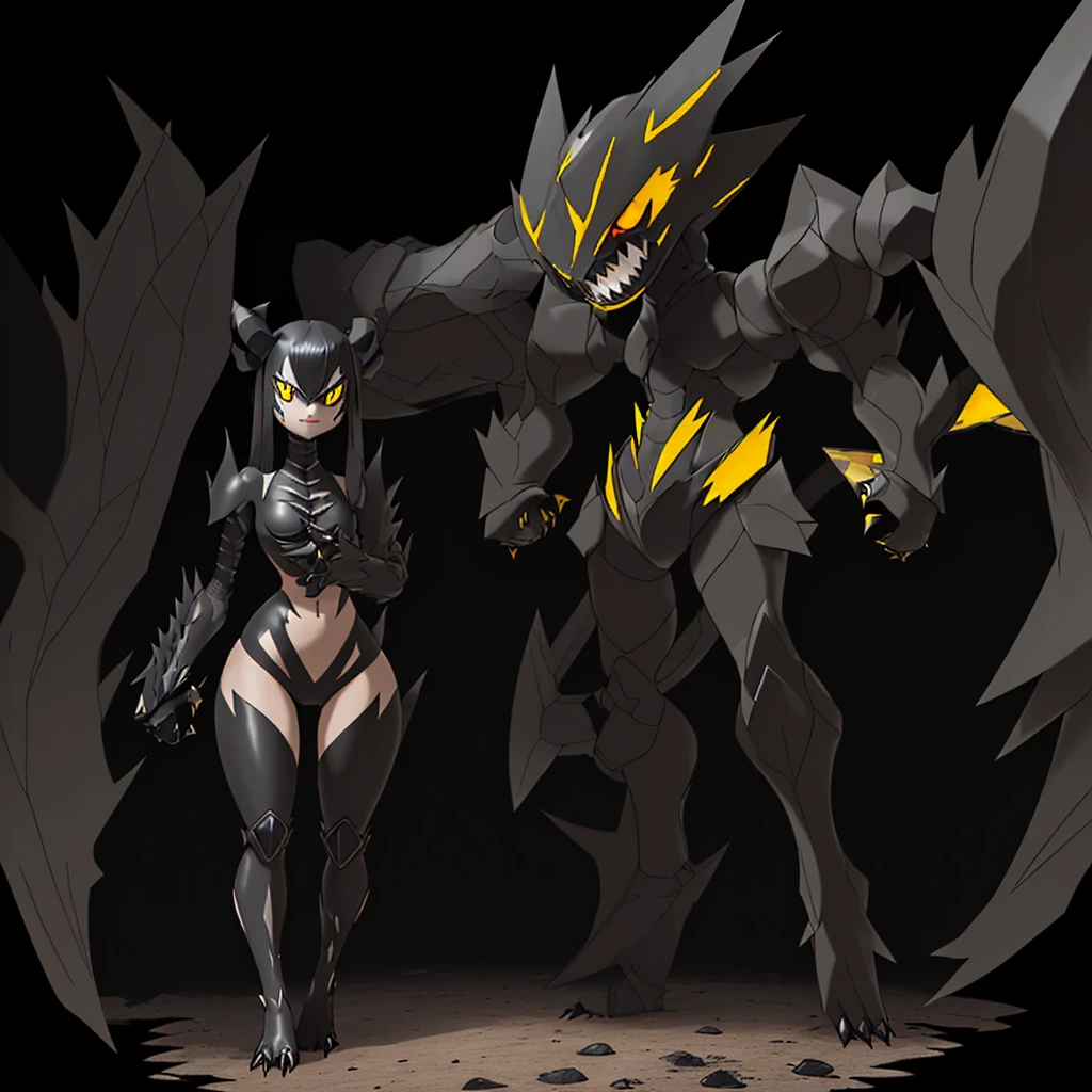 pokemon, evolved, Yellow eyes, Sharp teeth, legendary, rocky looking, skin colored underneath, black with yellow on top, black stripes on the upper part of the body, pointed tail behind, arms with thorns, thick thighs, long legs, alone standing in the middle of a forest, female, smiling maliciously, 3 fingers on hands, 2 claws on feet, covered in black armor, gray body
