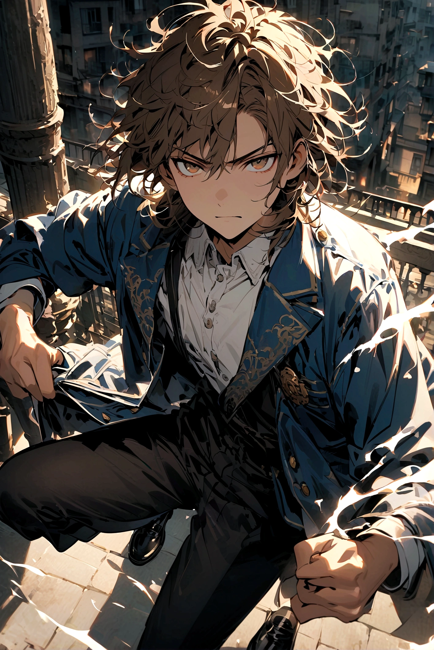 age boy, messy hair lifted up, Medium length hair, Light brown bun hair, lightbrown eyes, serious face, ssmile, detailed school white shirt, detailed blue school jacket, dark brown detailed pants, black dress shoes, scene on a terrace, lot of details, white aura around the character