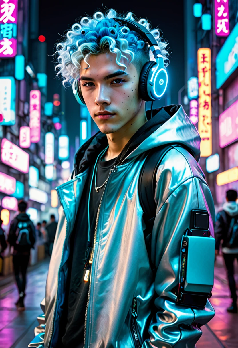 Cyberpunk cityscape、Dressed in futuristic clothing、A young man with light blue permed hair is wearing headphones and looking at the camera.。