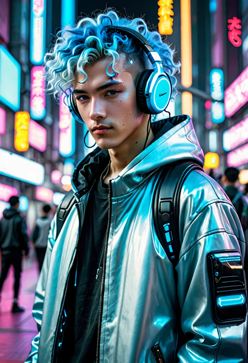 Cyberpunk cityscape、Dressed in futuristic clothing、A young man with light blue permed hair is wearing headphones and looking at the camera.。