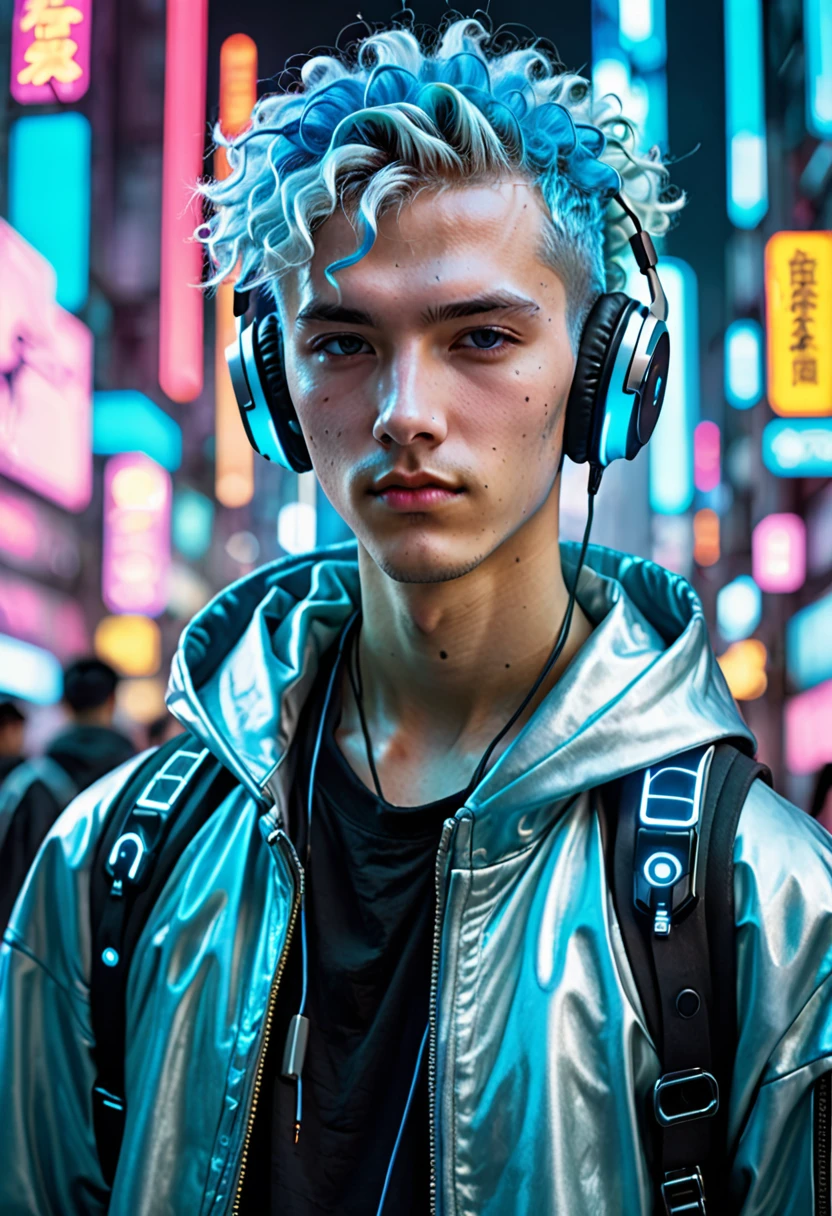 Cyberpunk cityscape、Dressed in futuristic clothing、A young man with light blue permed hair is wearing headphones and looking at the camera.。
