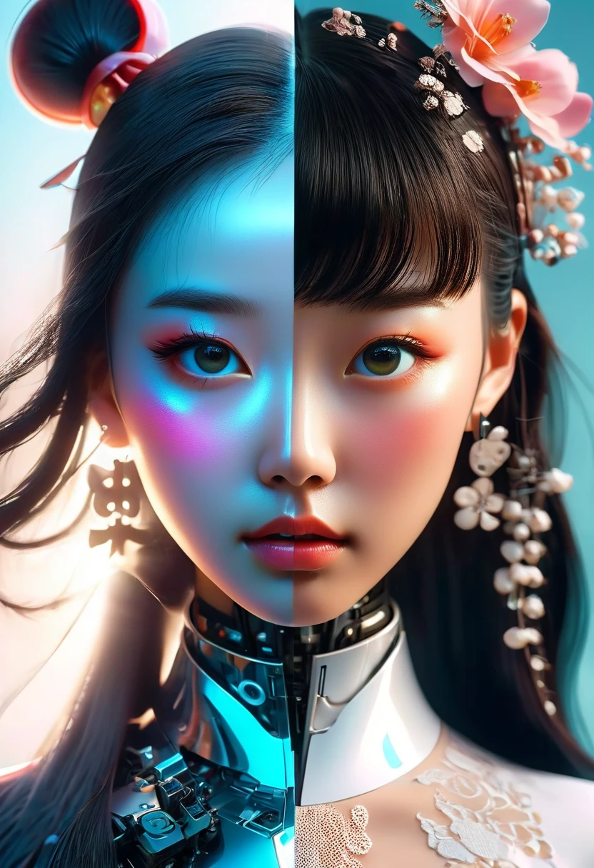 in style of 3D digital illustration, ethereal Shanghai girl, side-by-side comparison, showcasing technology and reality,The illustration on the left depicts her real face the illustration on the right reveals robot face,front view, symmetric, volumetric lighting,minimalist, solid background, high contrast, ultrahigh definition. --ar 3:4 --niji 6