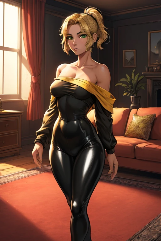 (masterpiece,best quality,absurdres,beautiful,aesthetic,detailed),cinematic angle, (Detailed face:1.2), (Detailed eyes:1.2), (Hourglass figure:1.2), 1girl, solo, beautiful middle-aged woman, 36-years-old, tan olive skin, short blonde hair, pony tail hair style, green eyes, approximately 5'2" tall, ((Wearing a yellow off-shoulder top and shiny black leggings)), standing in the middle of the living room, couch, TV, carpet, relaxed atmosphere, cinematic lighting, detailed background,
