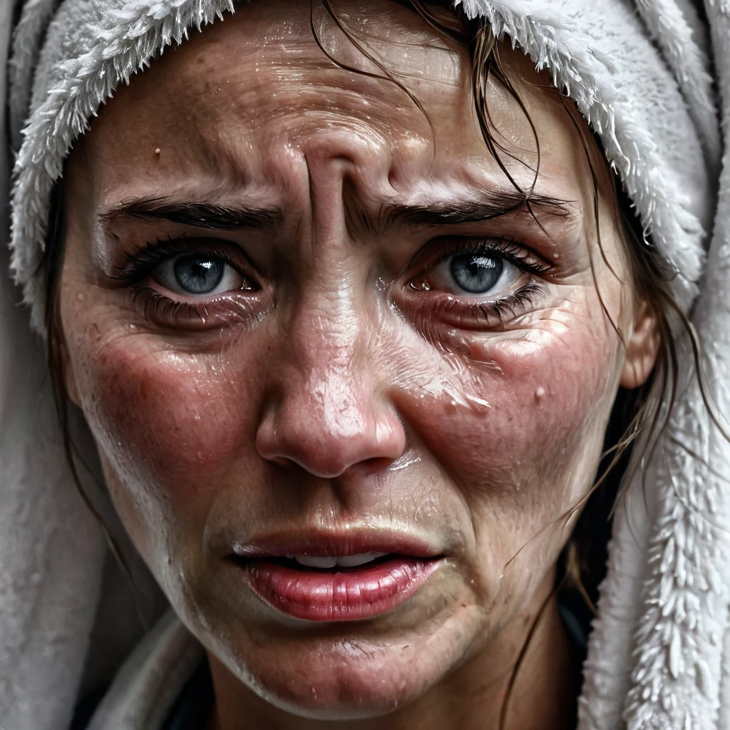 a close up of a woman with a teary face and a towel on her head, a hyperrealistic painting inspired by Lee Jeffries, featured on zbrush central, hyperrealism, highly realistic digital art, ultra realistic digital painting, extremely detailed woman, woman crying, ultra realistic digital art, hyperrealistic digital painting, very realistic digital art, realistic digital painting