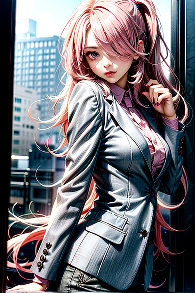 ((masterpiece)), (best quality portrait), 1female as a teacher, (long_ponytail wavy tip pink color hair), (hair over one eye:1.3), wearing a grey blazer, wearing a grey trousers, detailed beautiful eyes, detailed gorgeous face, perfect anatomy, dynamic pose, intricate details, PIXIV, krenz cushart,
anime,