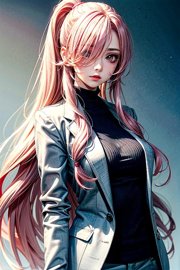 ((masterpiece)), (best quality portrait), 1female as a teacher, (long_ponytail wavy tip pink color hair), (hair over one eye:1.3), wearing a grey blazer, wearing a grey trousers, detailed beautiful eyes, detailed gorgeous face, perfect anatomy, dynamic pose, intricate details, PIXIV, krenz cushart,
anime,