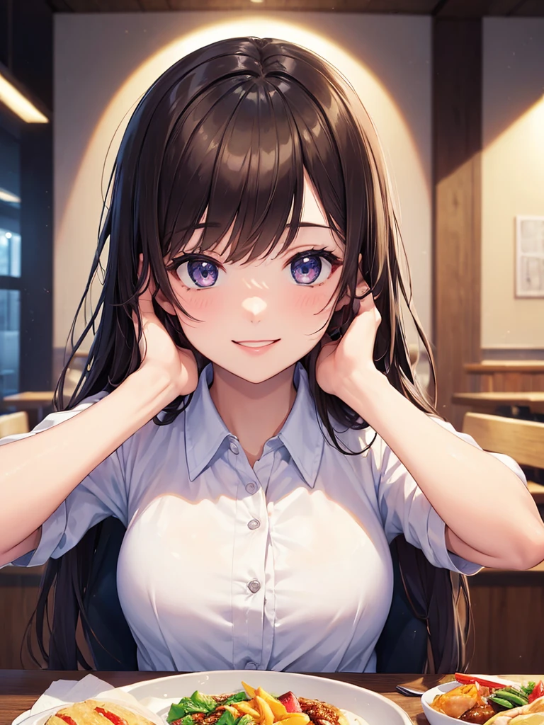 (masterpiece:1.5),(Beat quality),(high res),1girl solo,beautiful face,smile(shining eyes),upper body,light effects,Office Lady,lunch,restaurant