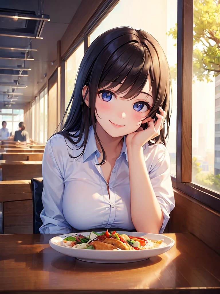(masterpiece:1.5),(Beat quality),(high res),1girl solo,beautiful face,smile(shining eyes),upper body,light effects,Office Lady,lunch,restaurant