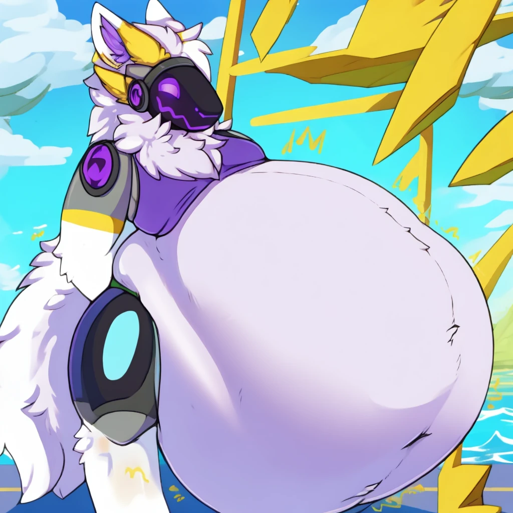muscular Female Protogen wearing gym clothing, has white fur, has yellow mechnical parts, has purple eyes, fat, overweight, massive belly, vore, huge stomach, gigantic stuffed stomach