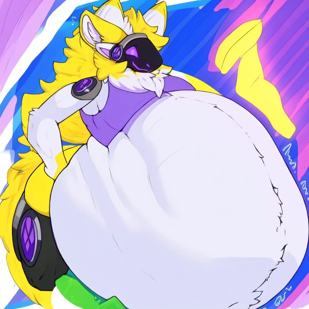 muscular Female Protogen wearing gym clothing, has white fur, has yellow mechnical parts, has purple eyes, fat, overweight, massive belly, vore, huge stomach, gigantic stuffed stomach