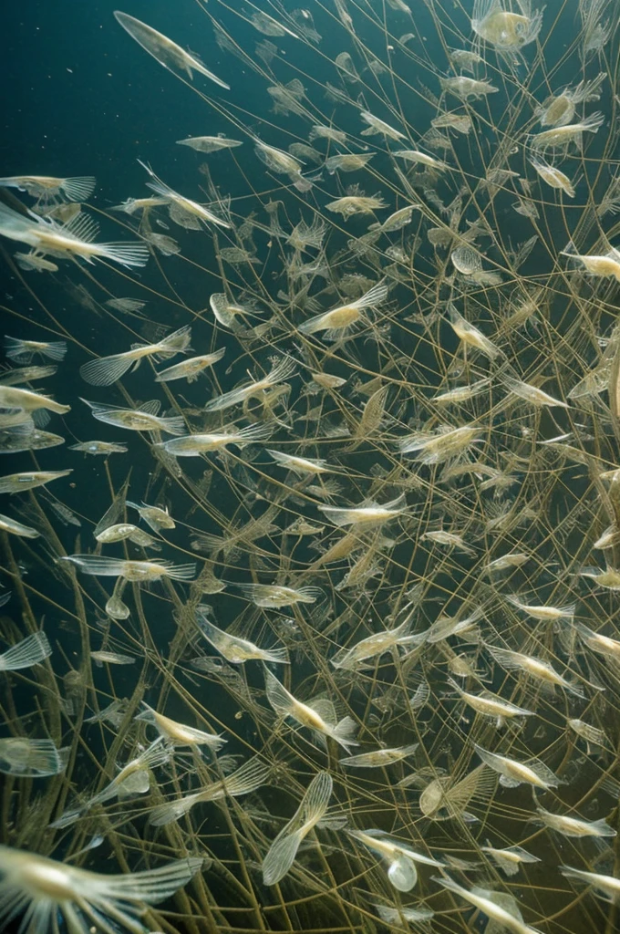 a closeup of a group of small fish in a pond, hyphae, Spores floating in the air, chelated appendages, Diatoms, Protophyta, protozoa, spores, microscopic photo, tremella-fuciformis, tremella - fuciformis, microscopic detail