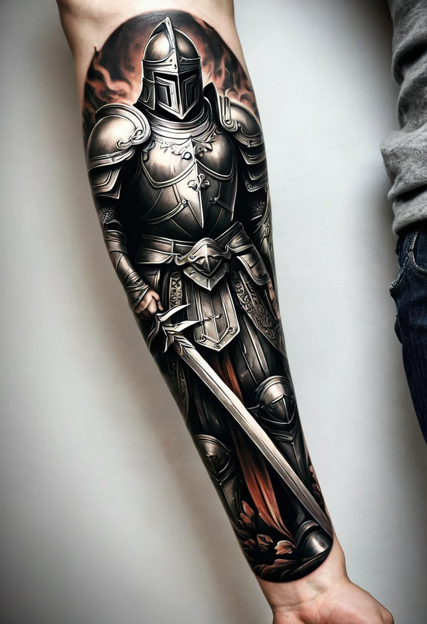 Imagine a tattoo on your arm, portraying a perjurer paladin. The design occupies the entire forearm, starting at the wrist and extending to the elbow. 

The art is done in a realistic style, with intense shading to give depth and a sinister touch, reflecting the decadence and betrayal of the perjurer paladin.