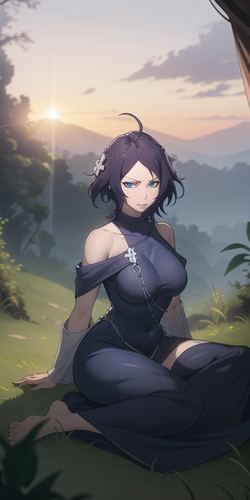 MC, ahoge, (long hari, purple hair:1.3), hair ornament, dark-blue eyes, breasts, epic art, fantasy, 1girl, grass, solo, barefoot, sitting, breasts, mountain, sunset, dress, bare_shoulders, outdoors, looking_at_viewer, off_shoulder, field, sky, lake, collarbone, mountainous_horizon, indian_style, twilight, tree, black_dress, large_breasts, scenery, medium_breasts, feet, off-shoulder_dress, (bokeh:1.3), rock, hollow eyes, bright pupils, dark-blue eyes, looking at viewer. (glowing eyes:1.3), heavy breathing, smirk, upper teeth, naked 
