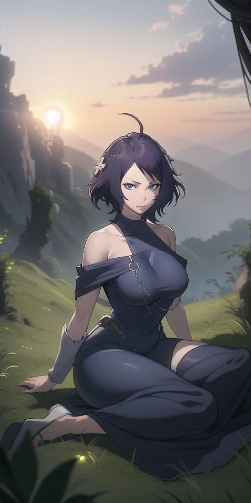 MC, ahoge, (long hari, purple hair:1.3), hair ornament, dark-blue eyes, breasts, epic art, fantasy, 1girl, grass, solo, barefoot, sitting, breasts, mountain, sunset, dress, bare_shoulders, outdoors, looking_at_viewer, off_shoulder, field, sky, lake, collarbone, mountainous_horizon, indian_style, twilight, tree, black_dress, large_breasts, scenery, medium_breasts, feet, off-shoulder_dress, (bokeh:1.3), rock, hollow eyes, bright pupils, dark-blue eyes, looking at viewer. (glowing eyes:1.3), heavy breathing, smirk, upper teeth, naked 
