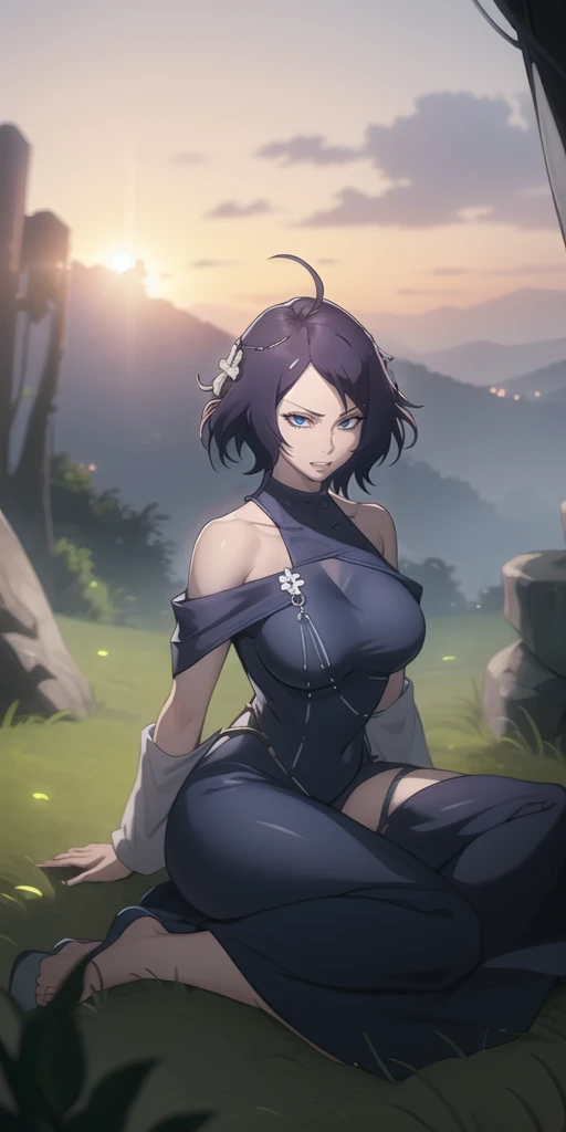 MC, ahoge, (long hari, purple hair:1.3), hair ornament, dark-blue eyes, breasts, epic art, fantasy, 1girl, grass, solo, barefoot, sitting, breasts, mountain, sunset, dress, bare_shoulders, outdoors, looking_at_viewer, off_shoulder, field, sky, lake, collarbone, mountainous_horizon, indian_style, twilight, tree, black_dress, large_breasts, scenery, medium_breasts, feet, off-shoulder_dress, (bokeh:1.3), rock, hollow eyes, bright pupils, dark-blue eyes, looking at viewer. (glowing eyes:1.3), heavy breathing, smirk, upper teeth, naked 
