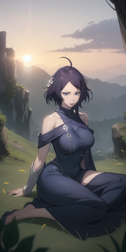 MC, ahoge, (long hari, purple hair:1.3), hair ornament, dark-blue eyes, breasts, epic art, fantasy, 1girl, grass, solo, barefoot, sitting, breasts, mountain, sunset, dress, bare_shoulders, outdoors, looking_at_viewer, off_shoulder, field, sky, lake, collarbone, mountainous_horizon, indian_style, twilight, tree, black_dress, large_breasts, scenery, medium_breasts, feet, off-shoulder_dress, (bokeh:1.3), rock, hollow eyes, bright pupils, dark-blue eyes, looking at viewer. (glowing eyes:1.3), heavy breathing, smirk, upper teeth, naked 
