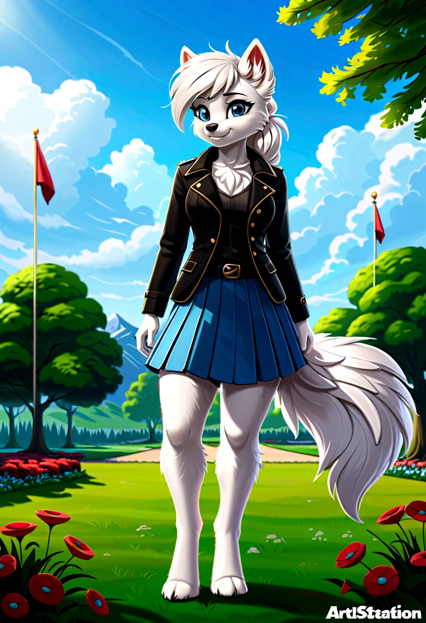 Hairy Women, arctic fox, mammal, Weaver, Weaver-pony, A beautiful furry fox girl is standing in a park posing against, She looks at the audience and smiles, She wears a black trench coat, Short skirt, looking off to the side, Field of view, sky空, sky, Beautiful blue eyes, Award-winning illustrations|Popular on ArtStation, masterpiece|highly detailed|best quality|HD|8K|uHD|intricate details|extreme_detail