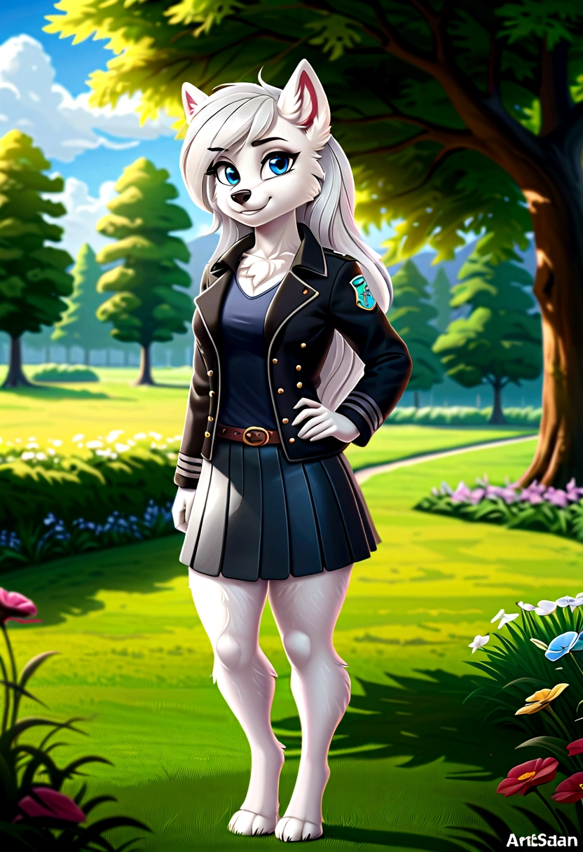 Hairy Women, arctic fox, mammal, Weaver, Weaver-pony, A beautiful furry fox girl is standing in a park posing against, She looks at the audience and smiles, She wears a black trench coat, Short skirt, looking off to the side, Field of view, sky空, sky, Beautiful blue eyes, Award-winning illustrations|Popular on ArtStation, masterpiece|highly detailed|best quality|HD|8K|uHD|intricate details|extreme_detail