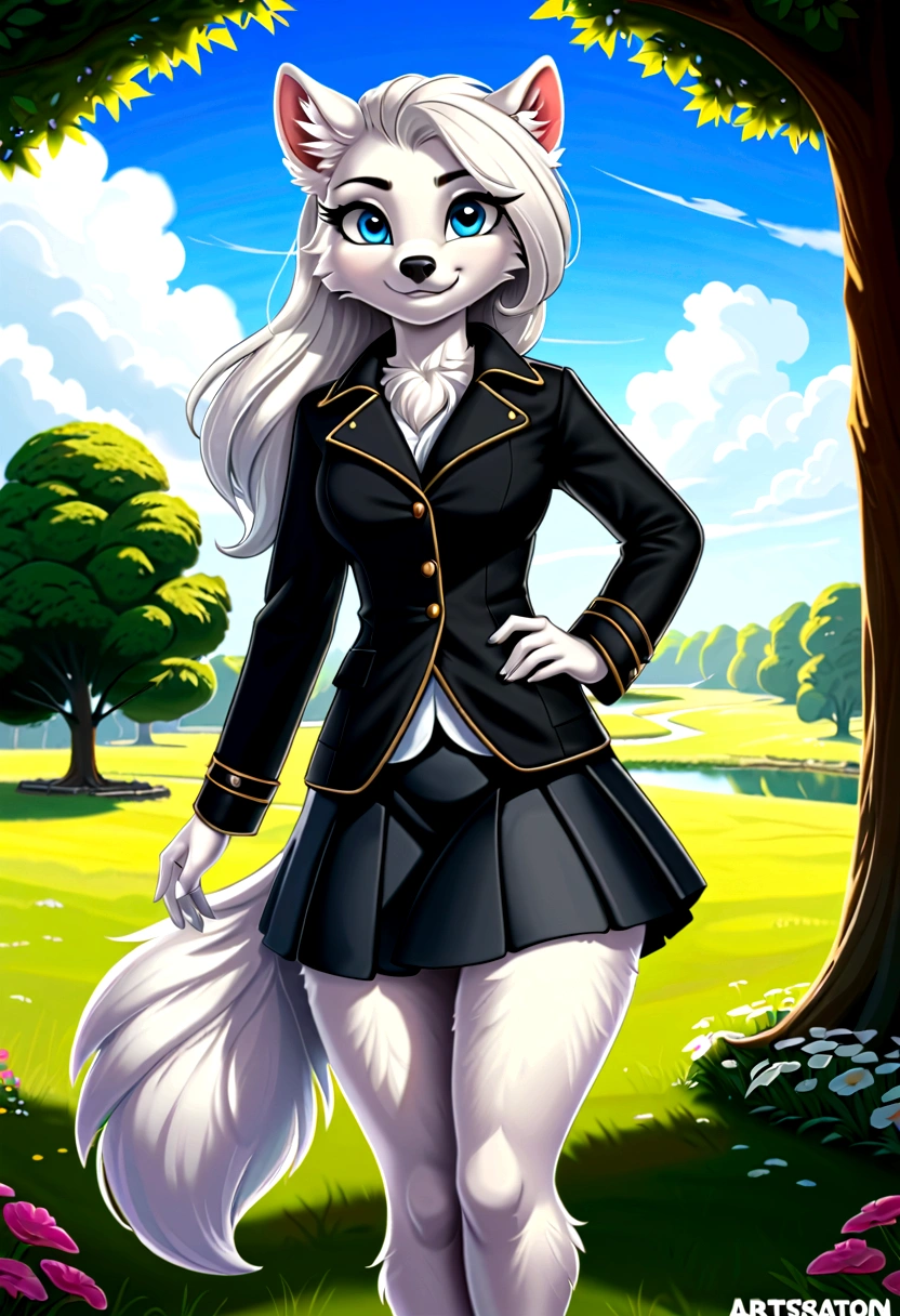 Hairy Women, arctic fox, mammal, Weaver, Weaver-pony, A beautiful furry fox girl is standing in a park posing against, She looks at the audience and smiles, She wears a black trench coat, Short skirt, looking off to the side, Field of view, sky空, sky, Beautiful blue eyes, Award-winning illustrations|Popular on ArtStation, masterpiece|highly detailed|best quality|HD|8K|uHD|intricate details|extreme_detail