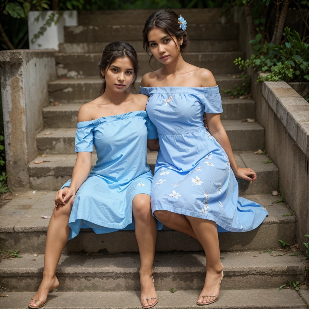 one pretty Woman sitting on steps with legs crossed wearing a light blue off shoulder cotton frock with flowers designed on it she has big and hot body, in a background of Srilanka