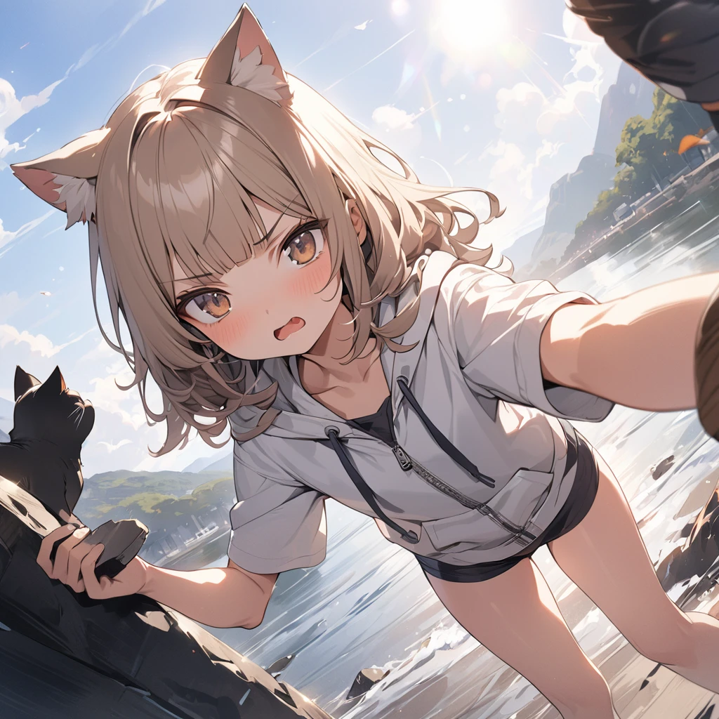 ((Masterpiece)), ((best quality)), (Anime:1.3), (super detail:1.2),(High Definition:1.3), (Professional Photography:1.2), (wide shot), (sharp focus), (perfect light), ((12 years old)), (morning), messy medium hair, Beautiful collarbone, (cute hoodie with zipper), white tanktop, cute boxer shorts, (Healthy slim body), (loose blunt bangs), Slender body, glossy skin, (annoyed look), open mouth, ((Beautiful brown eyes)), Textured skin, (Cat ears), Pale brown hair, Cute Beautiful Girl, (slightly exposed small chest), BREAK, ((best quality)), Dynamic angles, ((Chopping hand)), standing on the riverside, (sharp focus), perfect hands, (perfect light),
